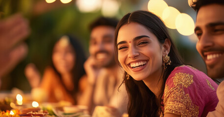 Fototapeta premium young woman smiling while Indian Friends celebrating a diwali festival, gathered around a beautifully set table with traditional dishes and decorations.