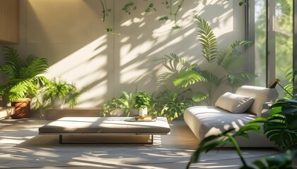 Obraz premium Contemporary Styled Living Area with Natural Sunlight and Greenery Accents, Bright and Inviting, Clean Design