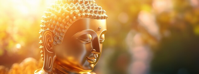 The sun shines on the golden Buddha statue, concept of Buddhism, spiritual balance, mental...