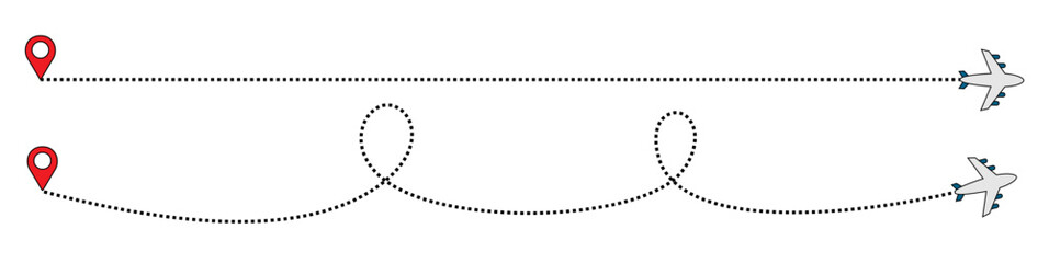 Editable of airplane flights with pin map, plane,  and line routes paths Aircraft tracking. flight track, Travel from start point and dotted line tracing. Plane routes flight air dotted 