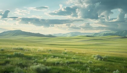 Rolling Green Hills Under Expansive Sky, Serene Landscape, Peaceful Nature, Steppe of Kazakhstan, Banner with Copy Space