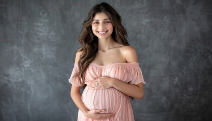 Obraz premium Pregnant Woman Smiling, Wearing Pink Dress with Hands on Belly, Gray Background, Joyful Expectation