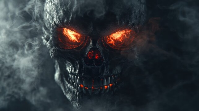 A menacing skull with glowing eyes amidst swirling smoke, evoking a dark fantasy theme.