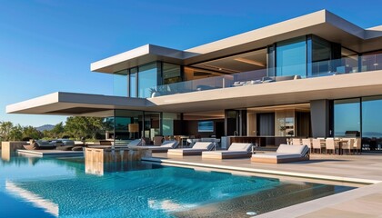 Fototapeta premium Luxurious Modern House with Large Swimming Pool Under Clear Blue Sky, Architectural Elegance, Spacious Design
