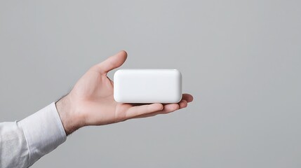 A white male hand holds a sleek product, showcasing its elegance and inviting consumers to explore its potential