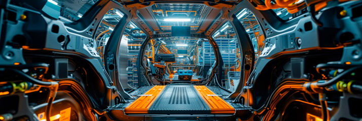 complex wiring and connections between battery cells on an electric vehicle assembly line, highlighting the complexity of the process.