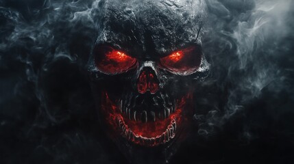 A dark, ominous skull with glowing red eyes amidst swirling smoke, evoking a sinister atmosphere.