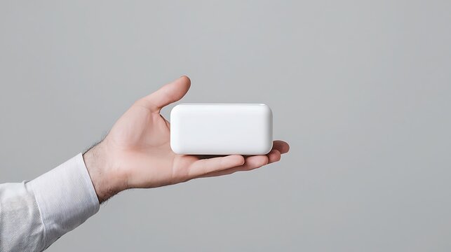 A white male hand holds a sleek product, showcasing its elegance and inviting consumers to explore its potential