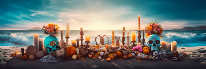 serene Dia de Muertos altar set up on a tranquil beach, paying tribute to departed souls with an ocean backdrop.