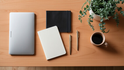 A flat lay of office essentials including a laptop, notebook, pen, coffee mug, and a plant, neatly arranged on a wooden desk for a productive workspace vibe