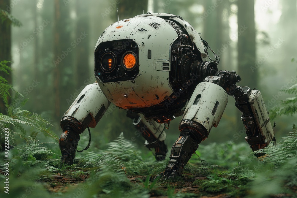 Poster a robotic creature exploring a misty forest environment.