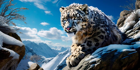 snow leopard navigating rocky terrain, perfectly adapted to its surroundings, as it moves closer to its prey with utmost care.