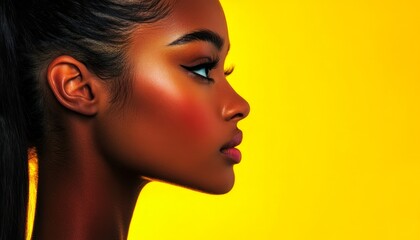Fototapeta premium Head Shot of a Woman in Profile with Soft Lighting and Yellow Background Creating a Calm Atmosphere