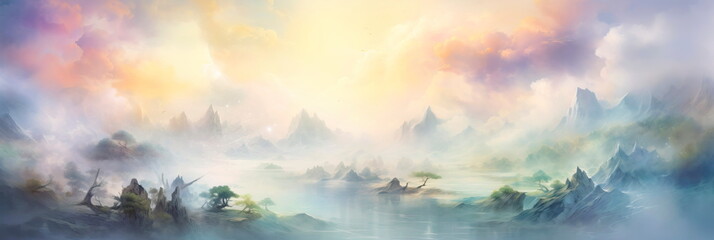 watercolor interpretation of a surreal dreamscape, a whimsical and mysterious atmosphere.