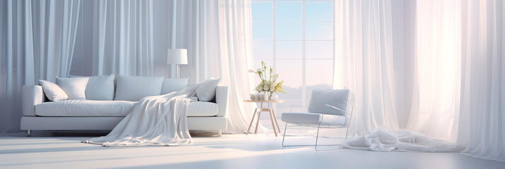 Light-filled room concept, using white and silver satin texture for an uplifting atmosphere.