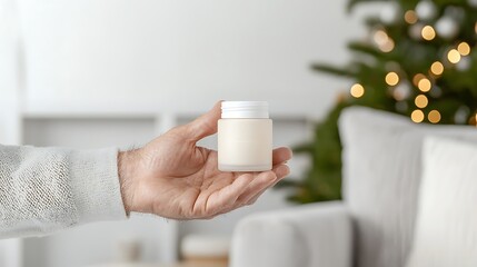 The hand of an older man tenderly holds a moisturizer jar, symbolizing self-care and elegance in a cozy home setting