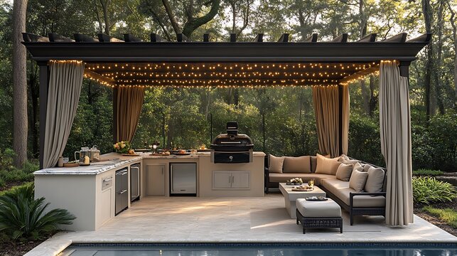 A luxury BBQ cabana featuring a stylish outdoor kitchen with a grill and refrigerator, marble countertops, plush seating, and a canopy adorned with fairy lights,