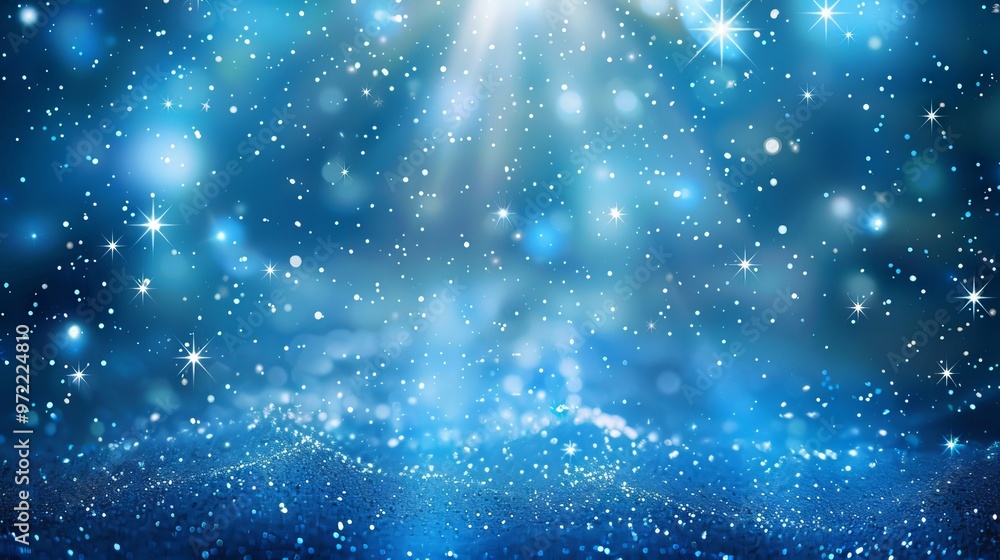 Poster abstract 3d rendering of soft blue bokeh background with bright light glitter sparkles — perfect bac