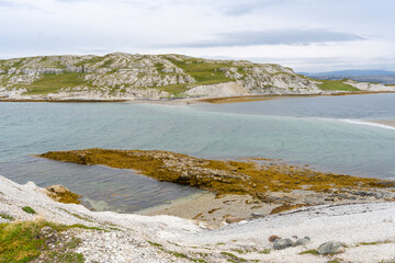Landscape of Norwegian nature at Trollholmsund dolomite rock formations next to Porsangerfjord in Norway