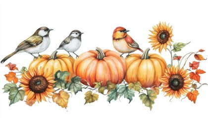 Obraz premium Pumpkins, Sunflowers, and Birds on White Background Creating a Harvest Theme Illustration