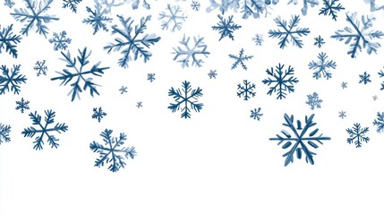 A collection of blue snowflakes scattered against a white background, evoking winter themes.