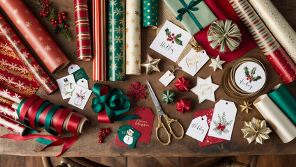A top-down view of a beautifully arranged holiday gift wrap station, with wrapping paper, ribbons, scissors, and gift tags scattered around
