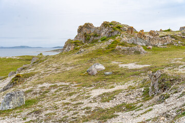 Landscape of Norwegian nature at Trollholmsund dolomite rock formations next to Porsangerfjord in Norway