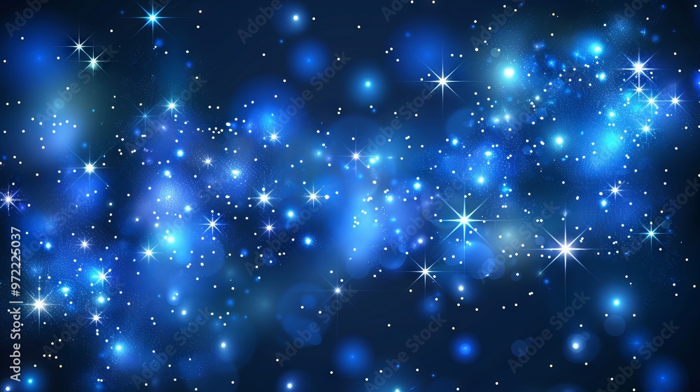 Poster abstract 3d rendering of soft blue bokeh background with bright light glitter sparkles — perfect bac