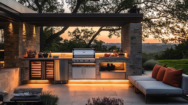 A luxury outdoor kitchen featuring a stainless steel grill, a large refrigerator, and polished stone counters, with sleek modern seating and soft ambient lighting under a pergola,