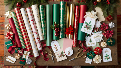A top-down view of a beautifully arranged holiday gift wrap station, with wrapping paper, ribbons, scissors, and gift tags scattered around