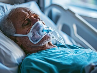 A patient lying in a hospital bed with an oxygen mask, struggling to breathe, representing the severity of pneumonia