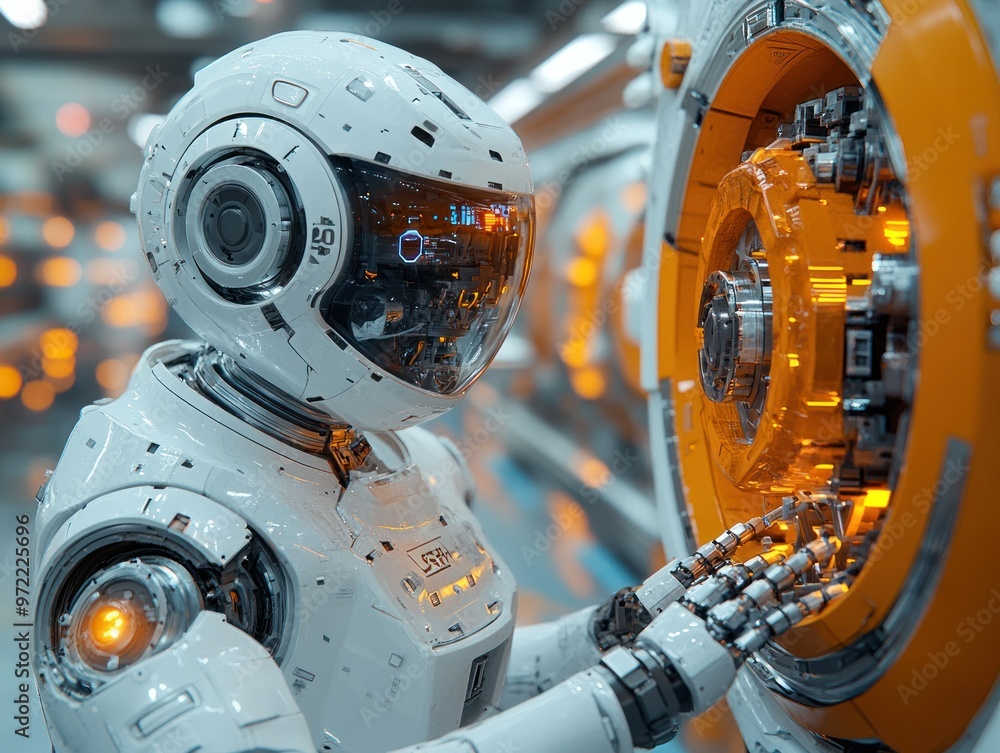Poster a futuristic robot interacting with a high-tech control panel.