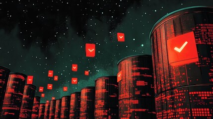 Futuristic red glowing towers with check marks against a starry night sky.