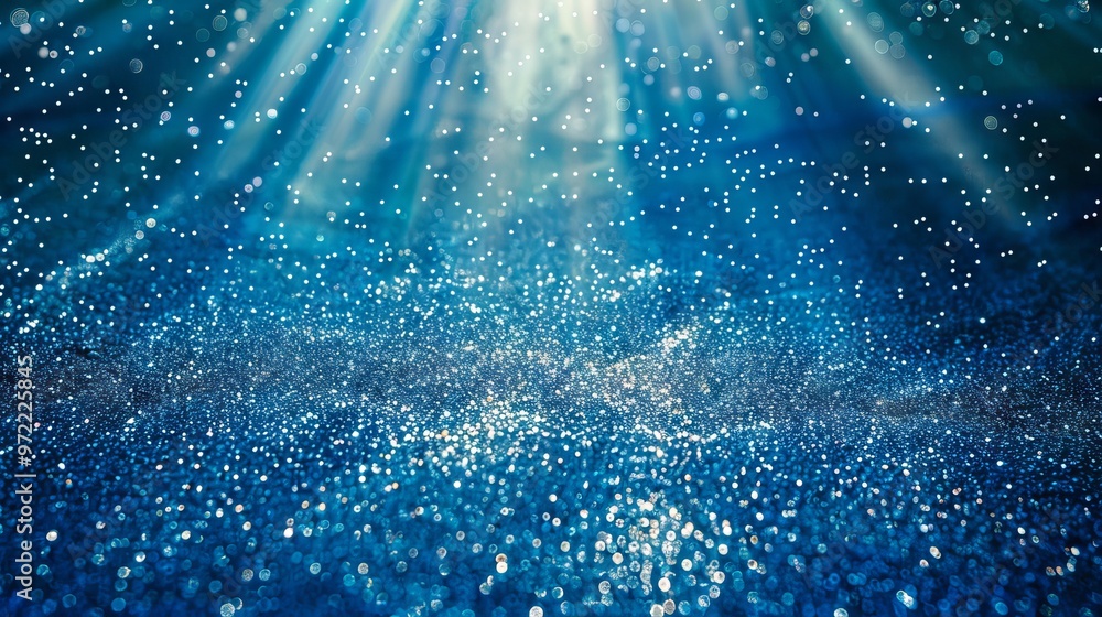 Poster abstract 3d rendering of soft blue bokeh background with bright light glitter sparkles — perfect bac