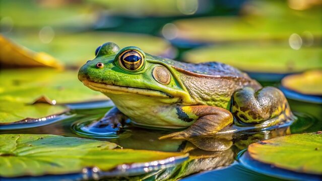 Bullfrog resting on lily pad in pond at Steigerwald National Wildlife Refuge