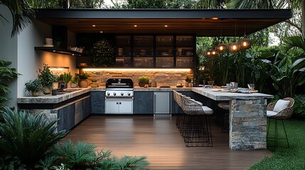 A modern outdoor kitchen with a full setup including a built-in grill, stone countertops, a refrigerator, and stylish bar seating, framed by lush greenery and elegant lighting for evening gatherings.