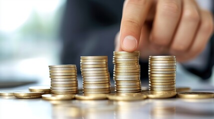 Businessman Arranging Coins in a Graph Pattern Symbolizing Business Expansion
