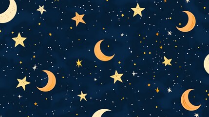 Naklejka premium Seamless pattern of stars and crescent moons on a dark blue background.
