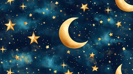 Naklejka premium Watercolor painting of a crescent moon and stars on a dark blue background.