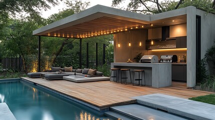 Fototapeta premium A modern poolside BBQ area with a concrete grill station, wooden deck, and a pergola illuminated by string lights, cozy lounge seating, and a stylish bar with stools, perfect for an evening cookout.