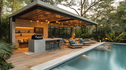 Fototapeta premium A modern poolside BBQ area with a concrete grill station, wooden deck, and a pergola illuminated by string lights, cozy lounge seating, and a stylish bar with stools, perfect for an evening cookout.