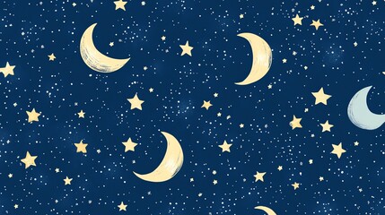 Naklejka premium A repeating pattern of stars and moons on a dark blue background.
