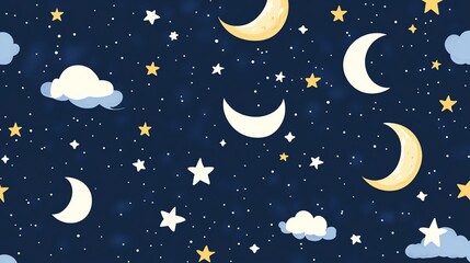 Naklejka premium A seamless pattern with moons, stars, and clouds on a blue background.