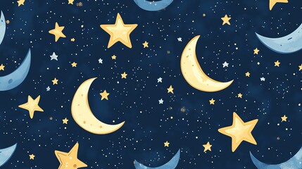 Naklejka premium A seamless pattern with moons and stars on a dark blue background.