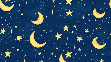 Naklejka premium A seamless pattern with a starry night sky with yellow moons and stars.