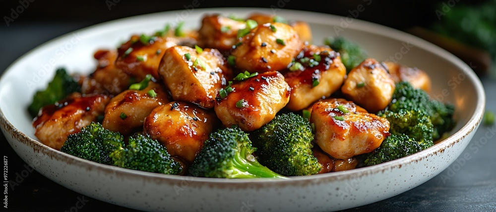 Wall mural close-up of a dish of chicken and broccoli in a white bowl.