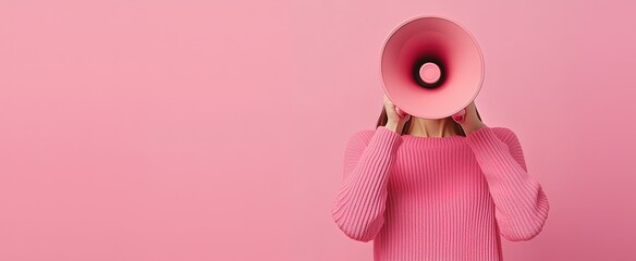 A person holding a loudspeaker, with their face hidden, in a promotional pose on a pink background, and a webpage banner with text space.