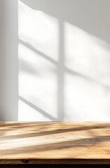 Wood table and white wall background in kitchen, Wooden shelf, counter for food and product display in room background, Wood table top, desk surface banner, mockup, template, vertical. Generative Ai