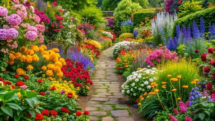 A garden path adorned with various types of flowers, creating a bright and colorful natural setting that conveys a sense of depth and vibrancy.