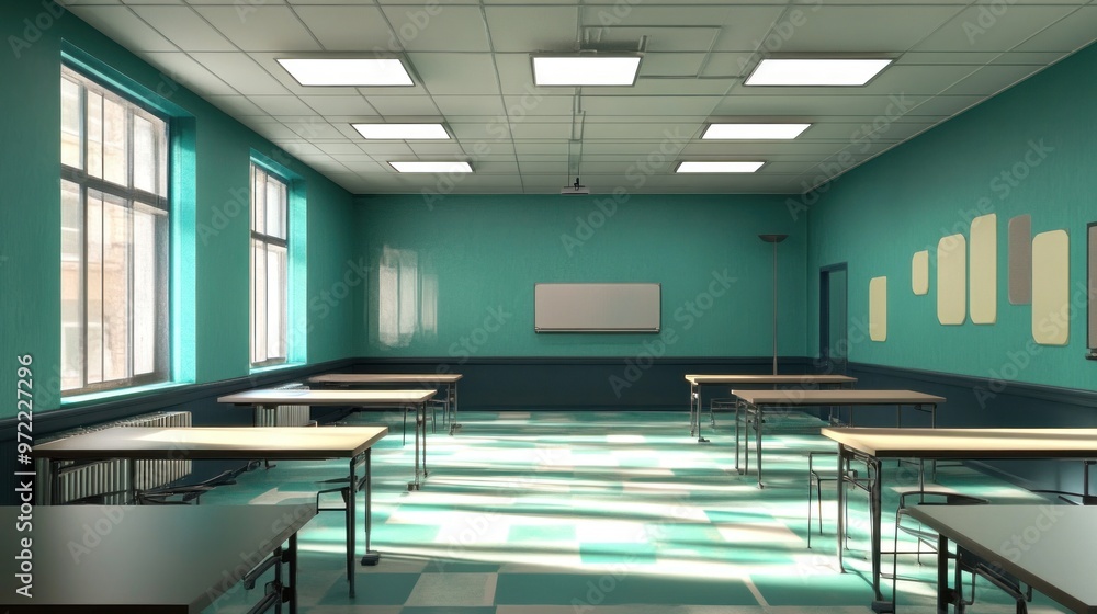 Poster empty classroom with green walls and sunlight streaming through windows